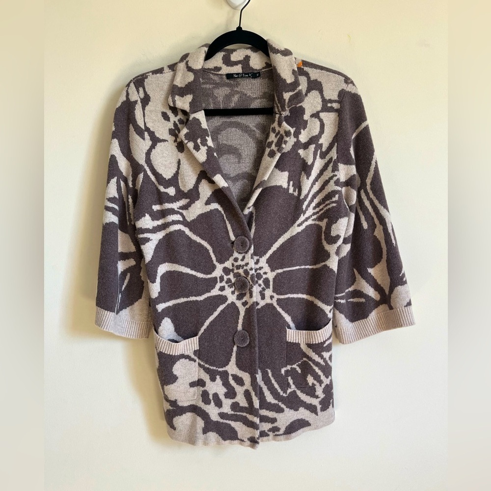 Nic+Zoe Silk Cotton Floral Print 3/4 sleeve Csrdigan Blazer Beige/Cream Sz Med